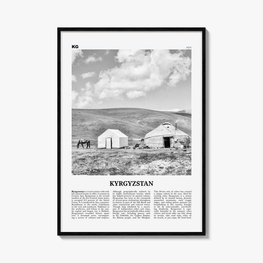 Kyrgyzstan black & white newspaper poster of Asia – vertical wall art, unframed print shown in interior mockup