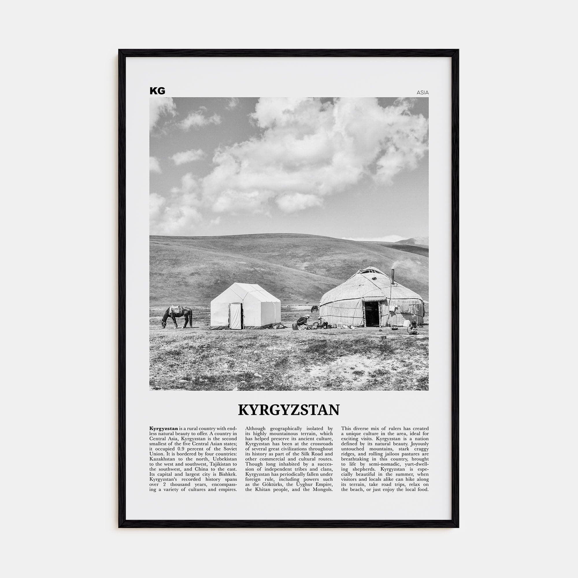 Kyrgyzstan Poster Black Wood / 8x12 in Nbourhood Travel B&W Poster