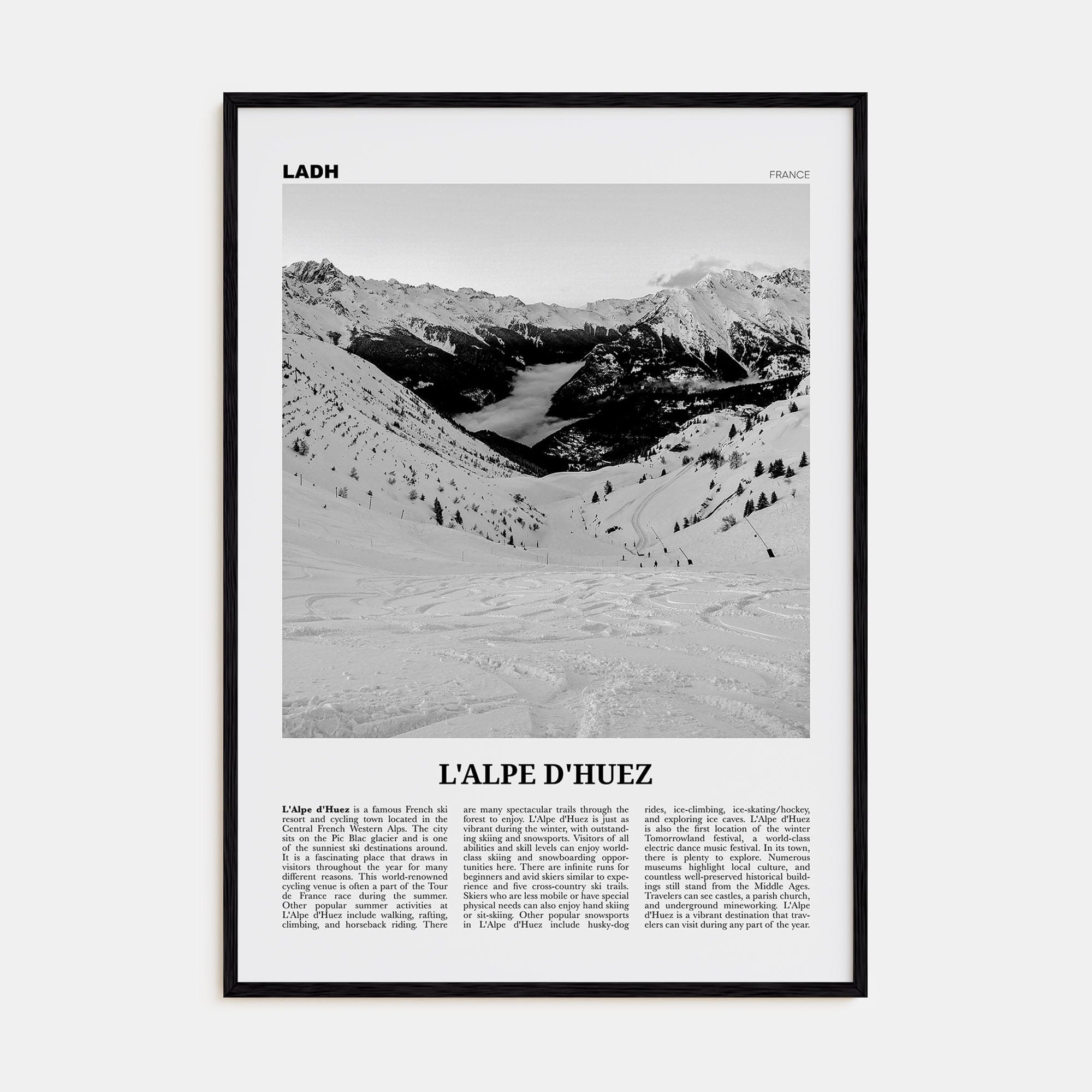 L'Alpe d'Huez Poster Black Wood / 8x12 in Nbourhood Travel B&W Poster