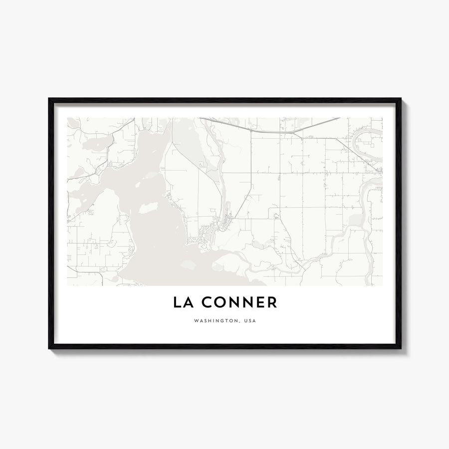La Conner black & white map poster of Washington, USA – horizontal wall art, unframed print shown in interior mockup