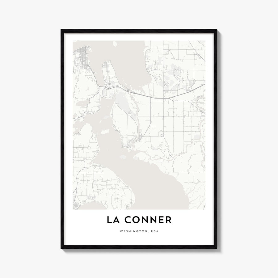 La Conner black & white map poster of Washington, USA – vertical wall art, unframed print shown in interior mockup