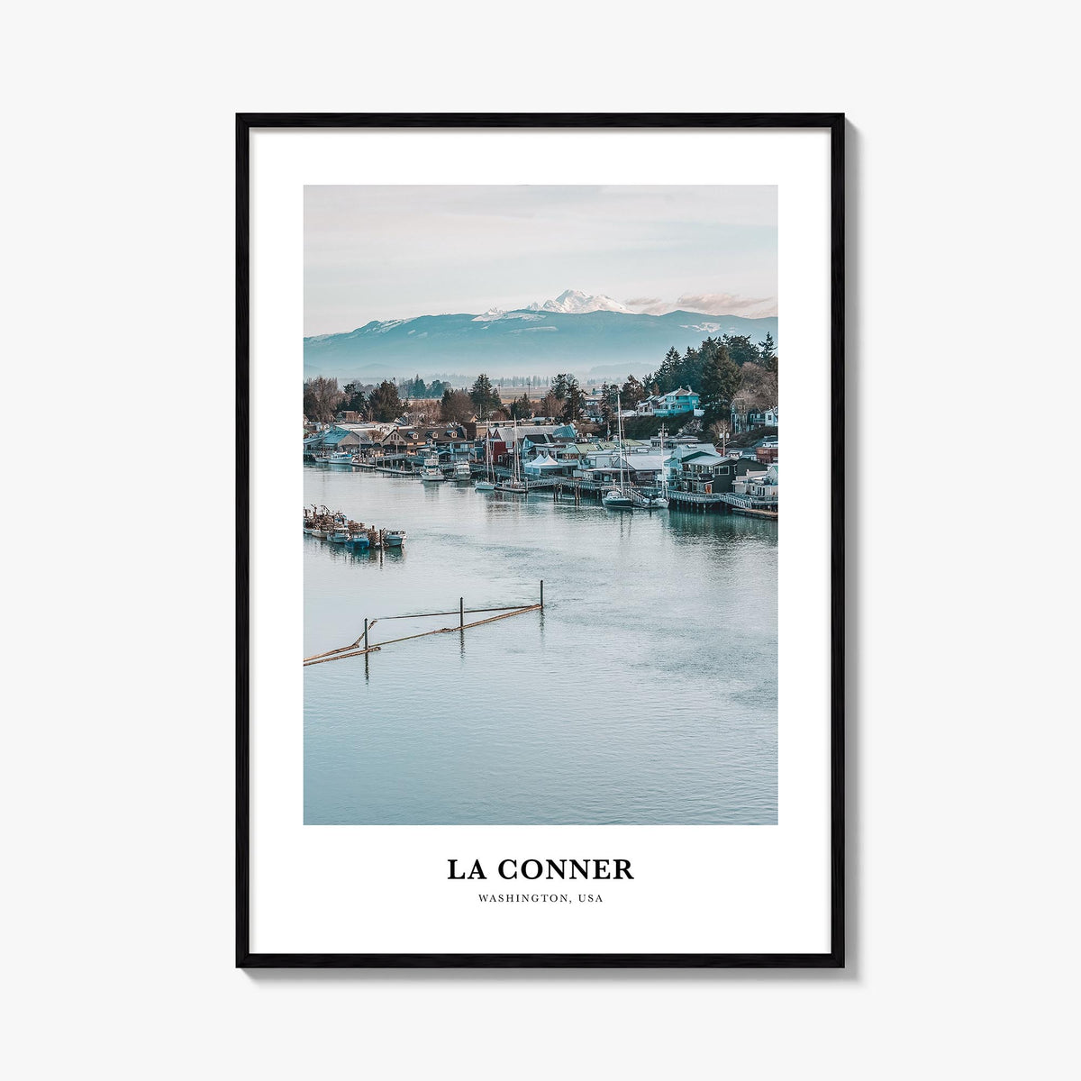 La Conner colorful classic poster of Washington, USA – vertical wall art, unframed print shown in interior mockup