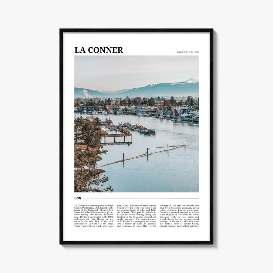 La Conner colorful travel poster of Washington, USA – vertical wall art, unframed print shown in interior mockup