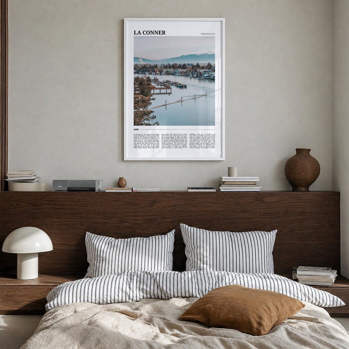 La Conner colorful travel poster of Washington, USA – vertical wall art in white wood frame, hanging on wall