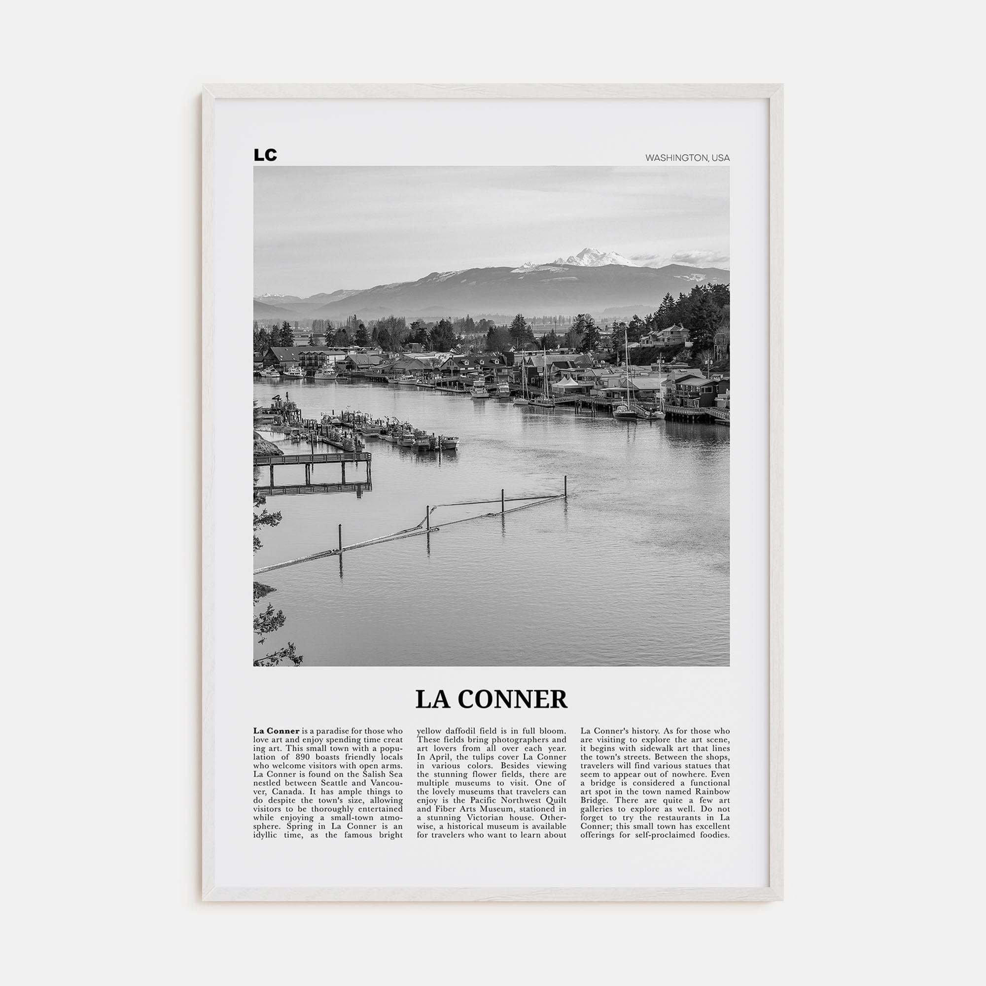 La Conner Poster White Wood / 8x12 in Nbourhood Travel B&W Poster