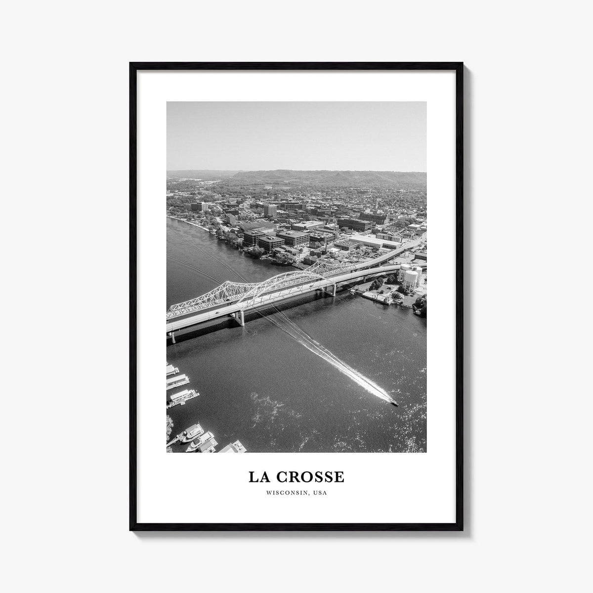 La Crosse black & white classic poster of Wisconsin, USA – vertical wall art, unframed print shown in interior mockup