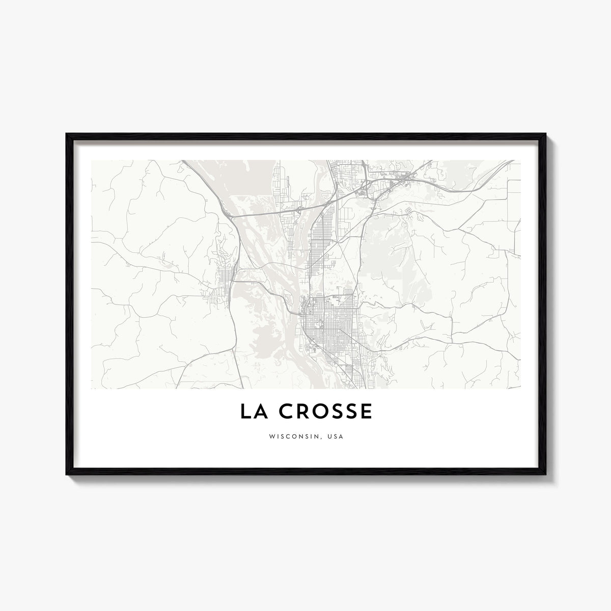 La Crosse black & white map poster of Wisconsin, USA – horizontal wall art, unframed print shown in interior mockup