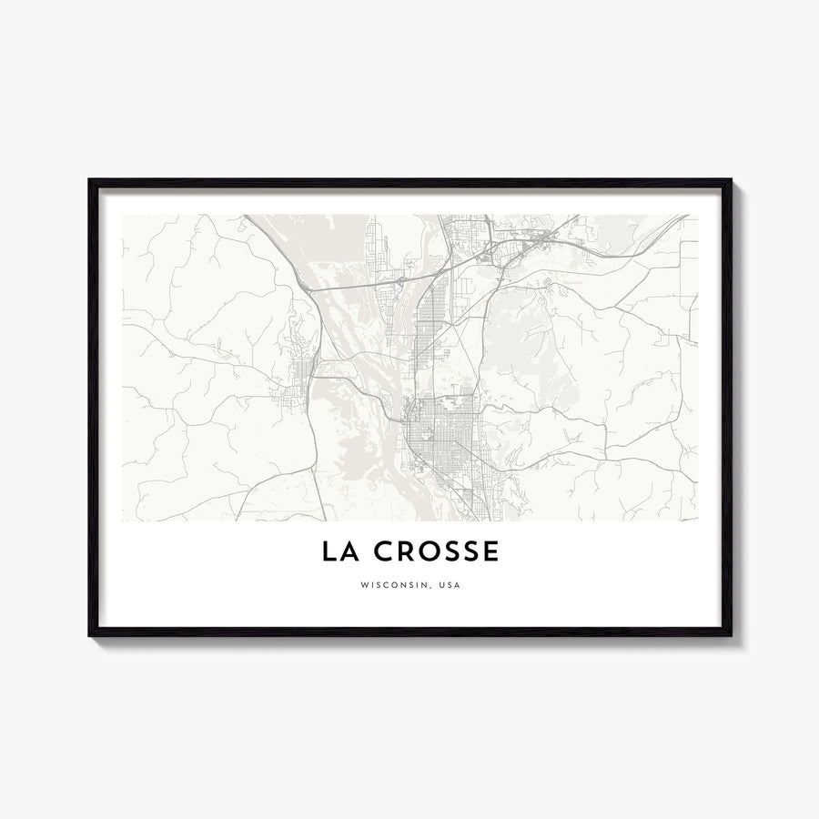 La Crosse black & white map poster of Wisconsin, USA – horizontal wall art, unframed print shown in interior mockup