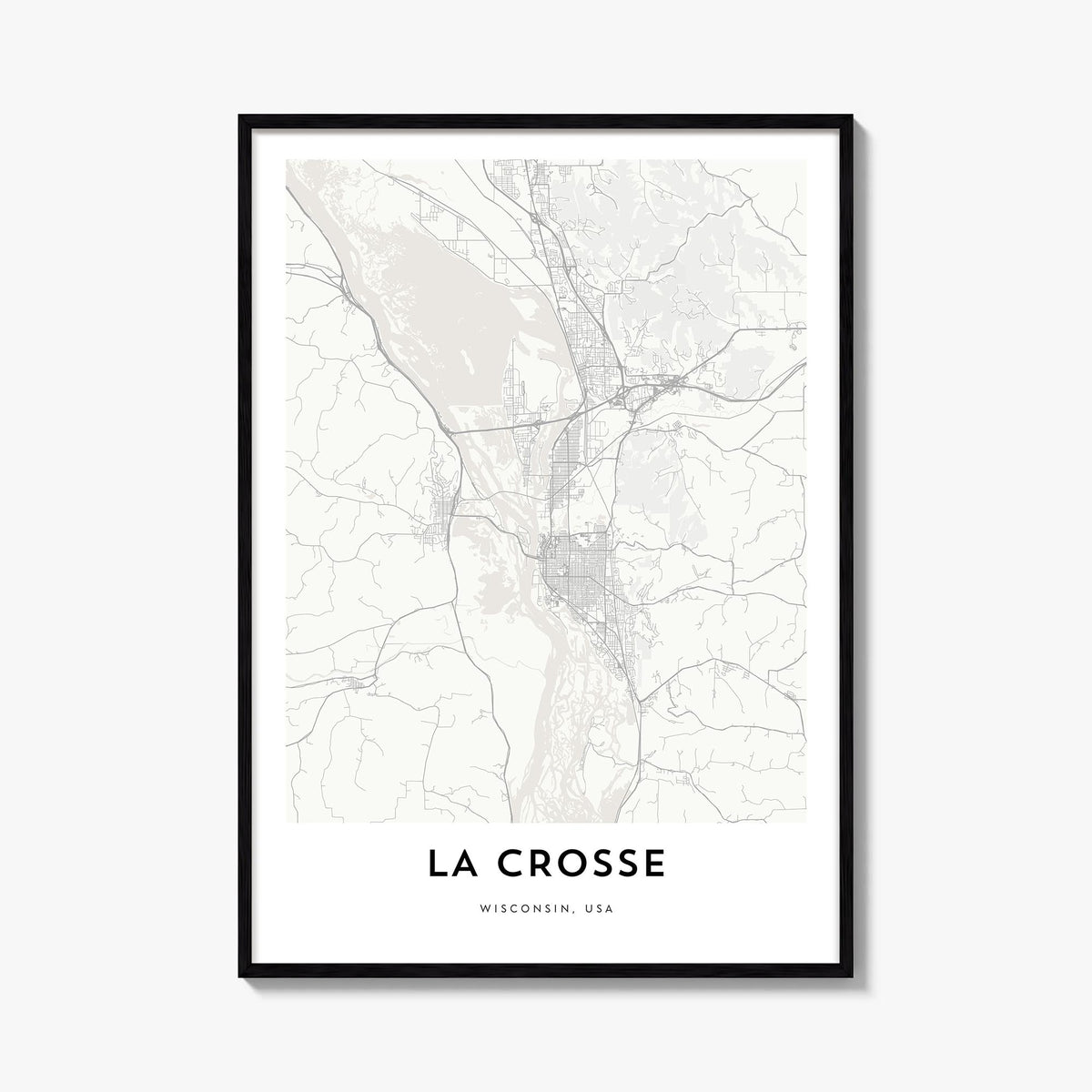 La Crosse black & white map poster of Wisconsin, USA – vertical wall art, unframed print shown in interior mockup