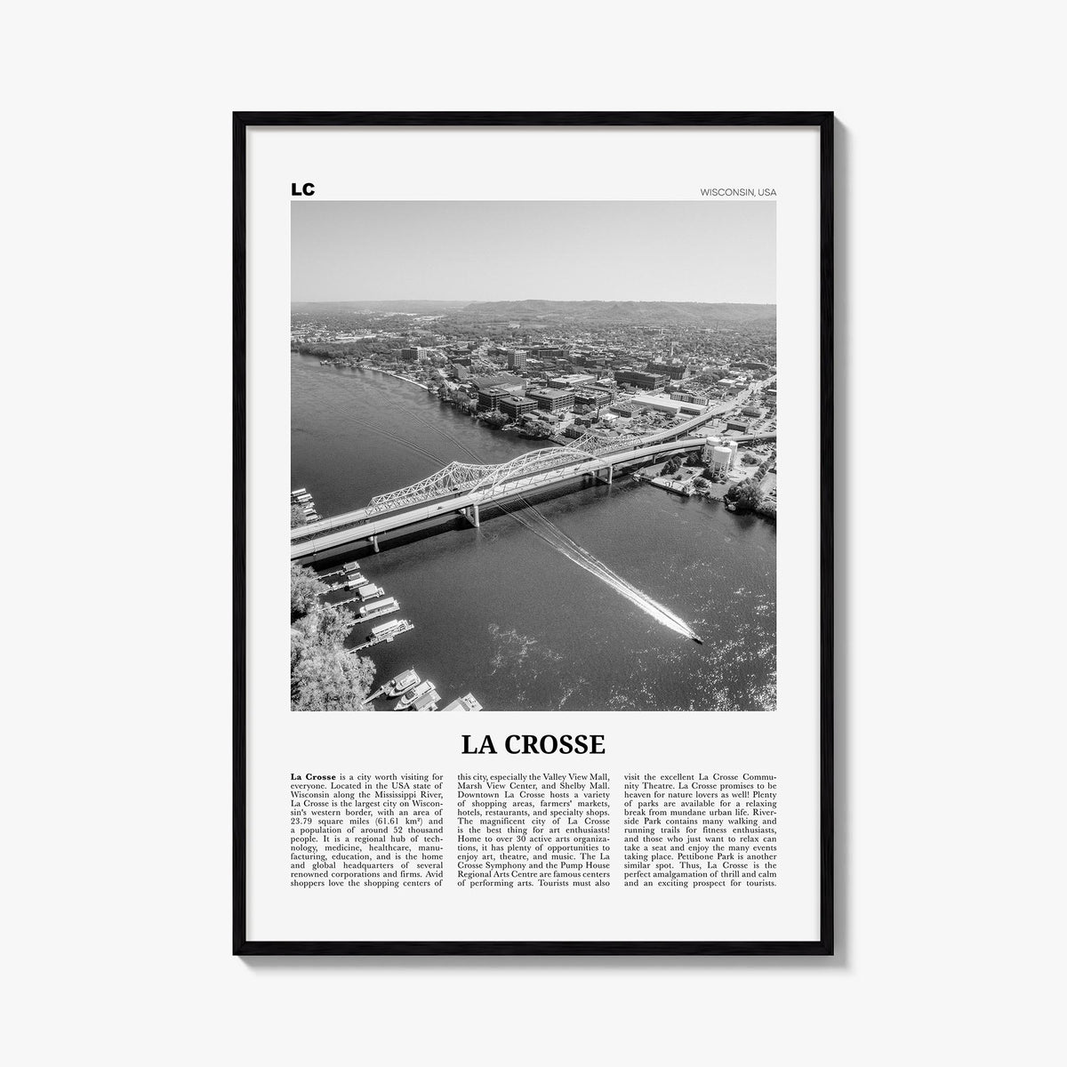 La Crosse black & white newspaper poster of Wisconsin, USA – vertical wall art, unframed print shown in interior mockup