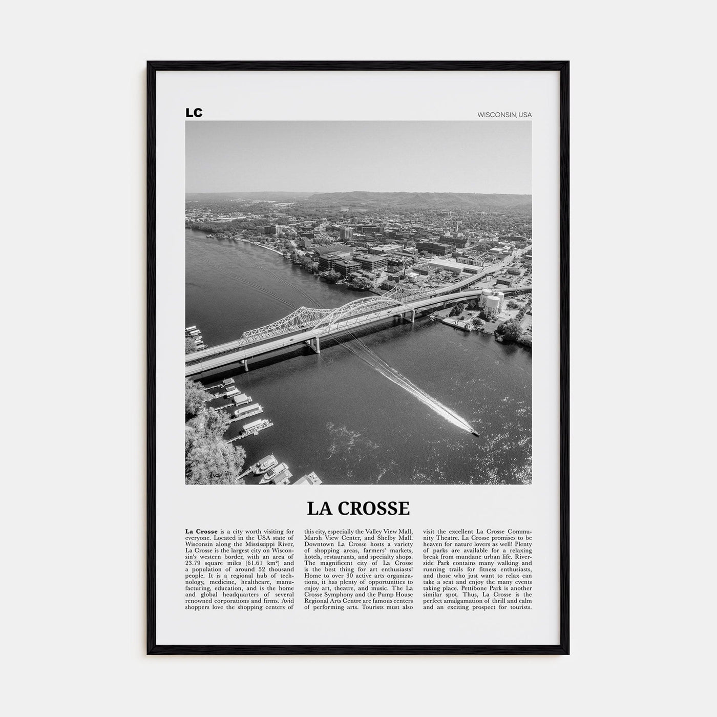 La Crosse Poster Black Wood / 8x12 in Nbourhood Travel B&W Poster