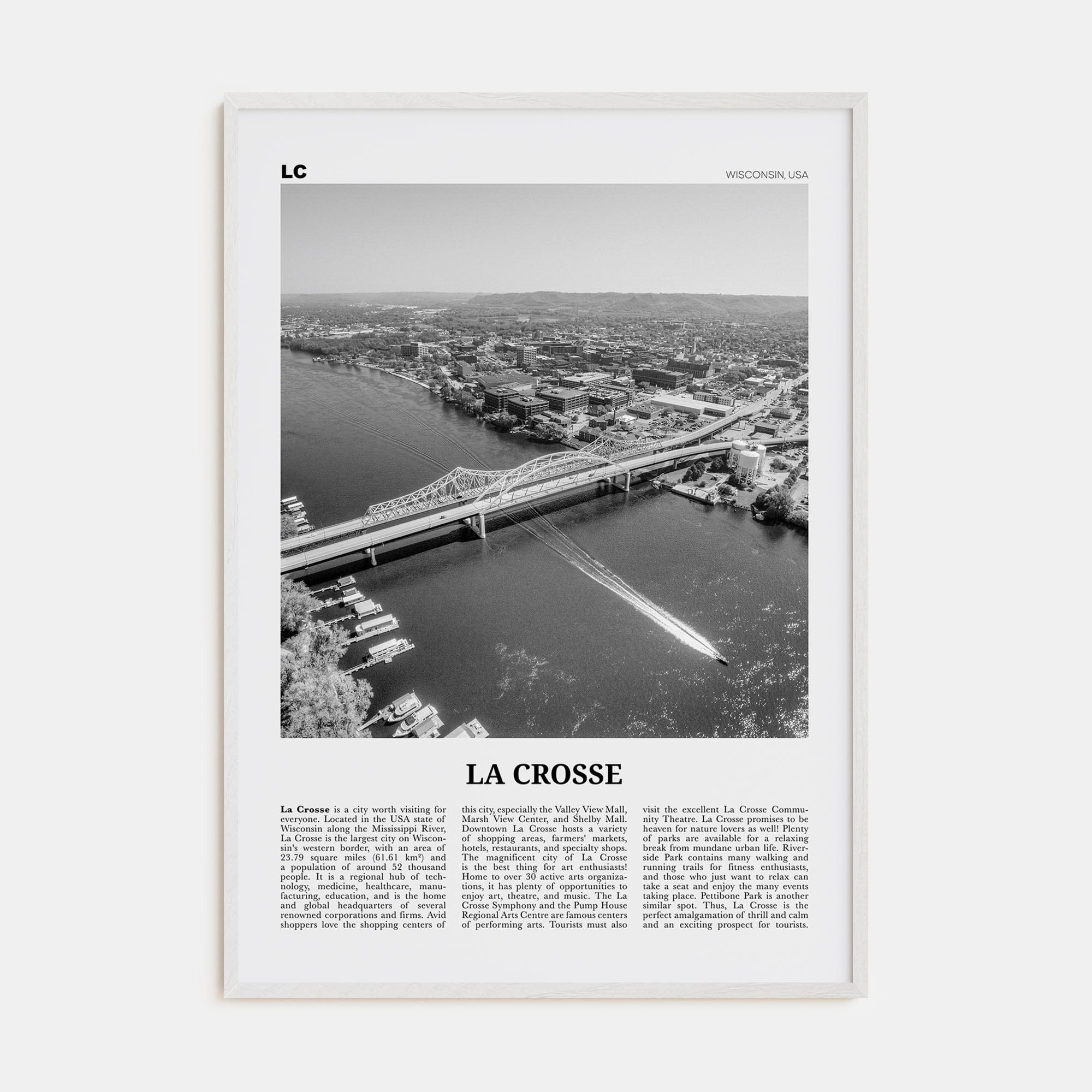 La Crosse Poster White Wood / 8x12 in Nbourhood Travel B&W Poster