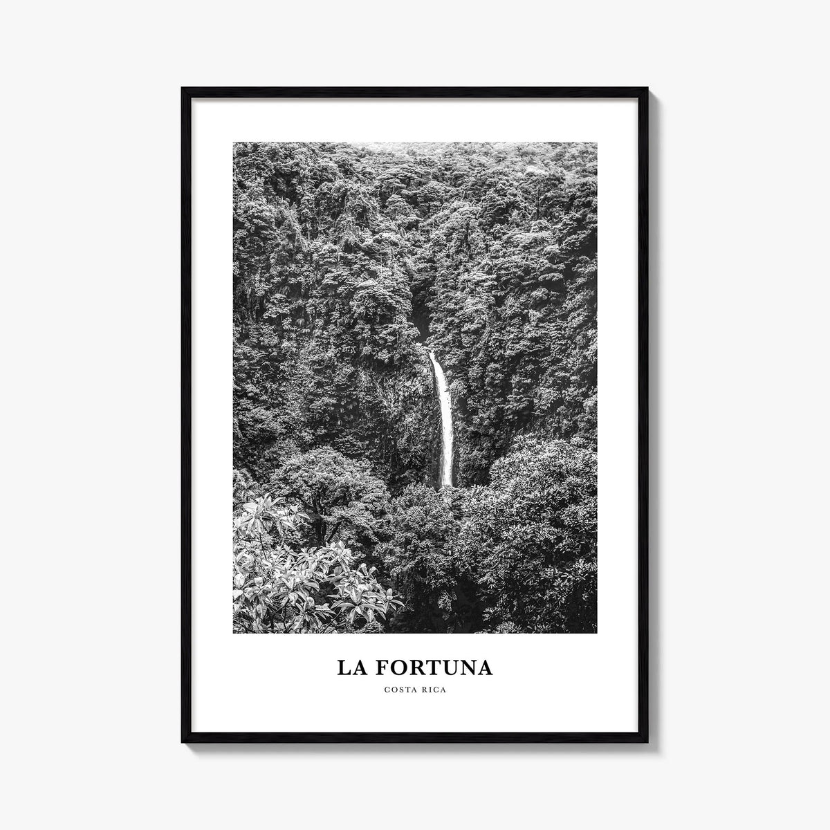 La Fortuna black & white classic poster of Costa Rica – vertical wall art, unframed print shown in interior mockup