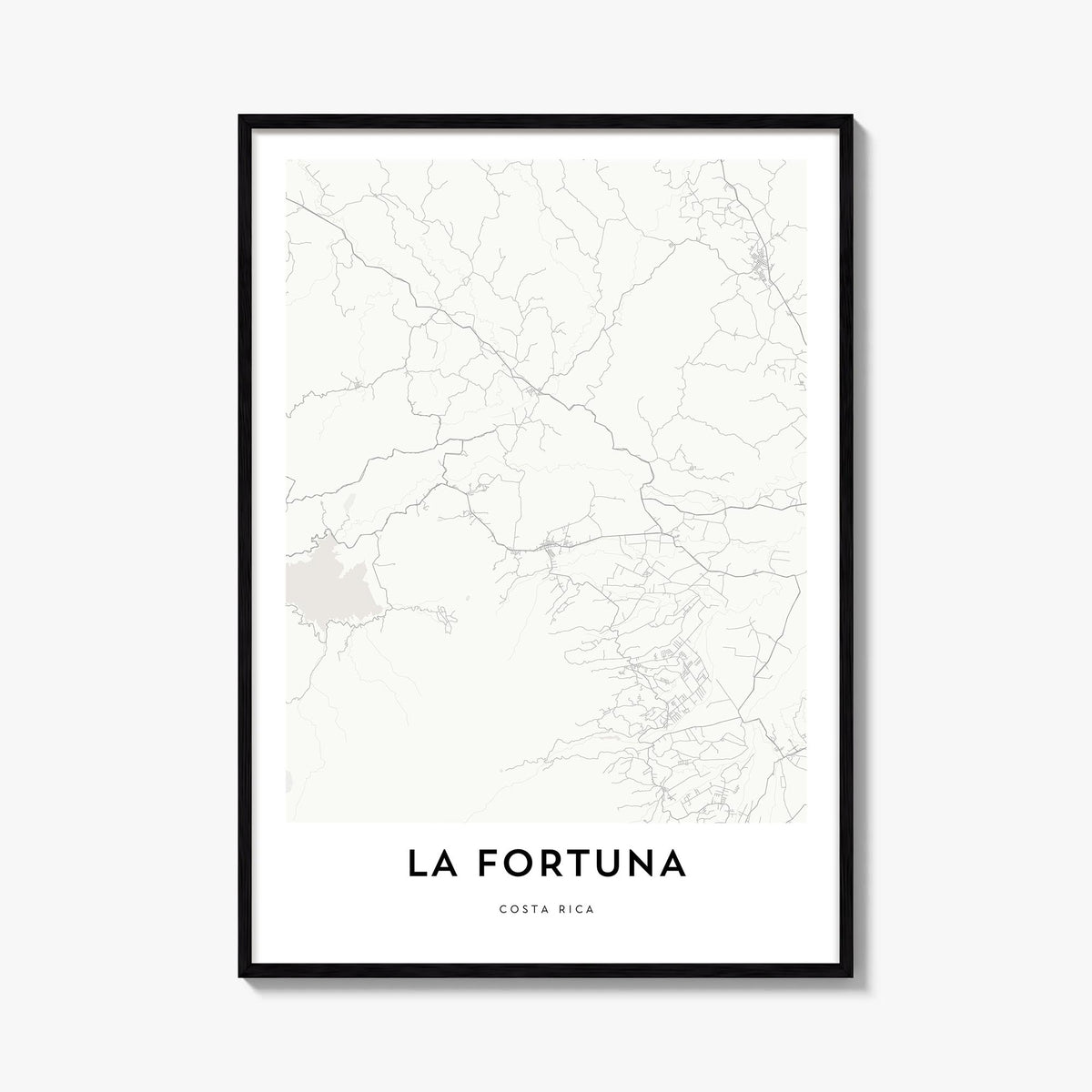 La Fortuna black & white map poster of Costa Rica – vertical wall art, unframed print shown in interior mockup
