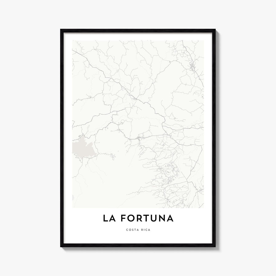 La Fortuna black & white map poster of Costa Rica – vertical wall art, unframed print shown in interior mockup