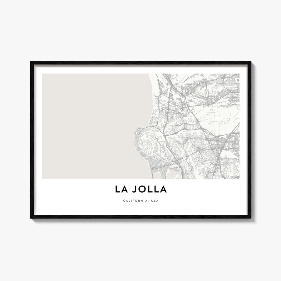 La Jolla black & white map poster of San Diego, California – horizontal wall art, unframed print shown in interior mockup