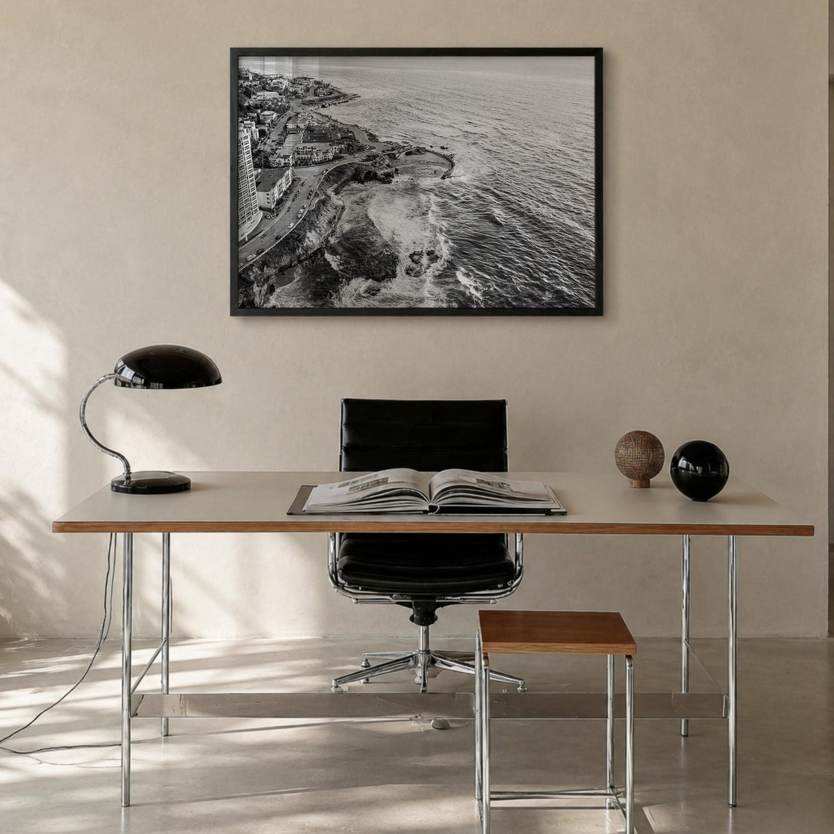 La Jolla black & white photo poster of San Diego, California – horizontal wall art in black wood frame, hanging on wall