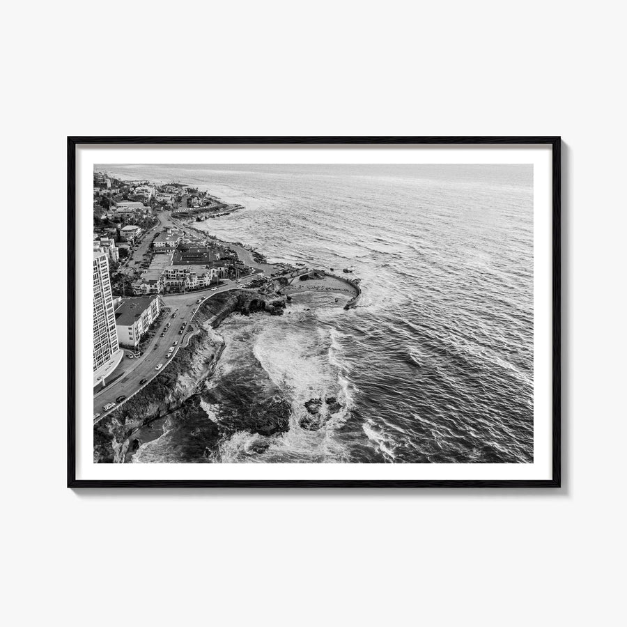 La Jolla black & white photo poster of San Diego, California – horizontal wall art, unframed print shown in interior mockup