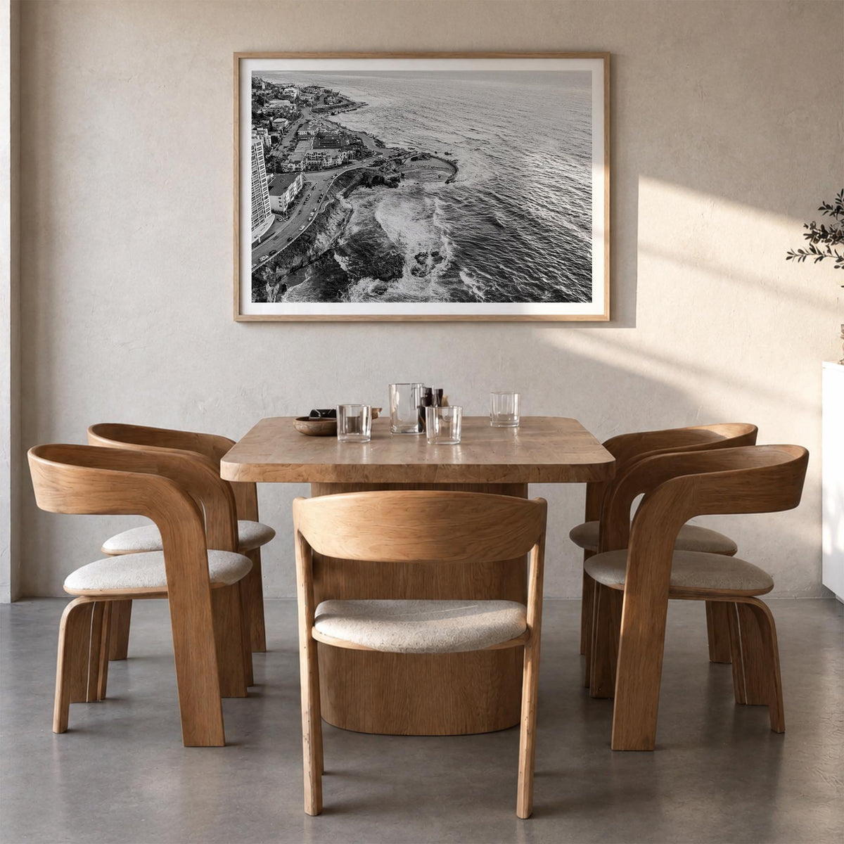 La Jolla black & white photo poster of San Diego, California – horizontal wall art in natural wood frame with white border, h