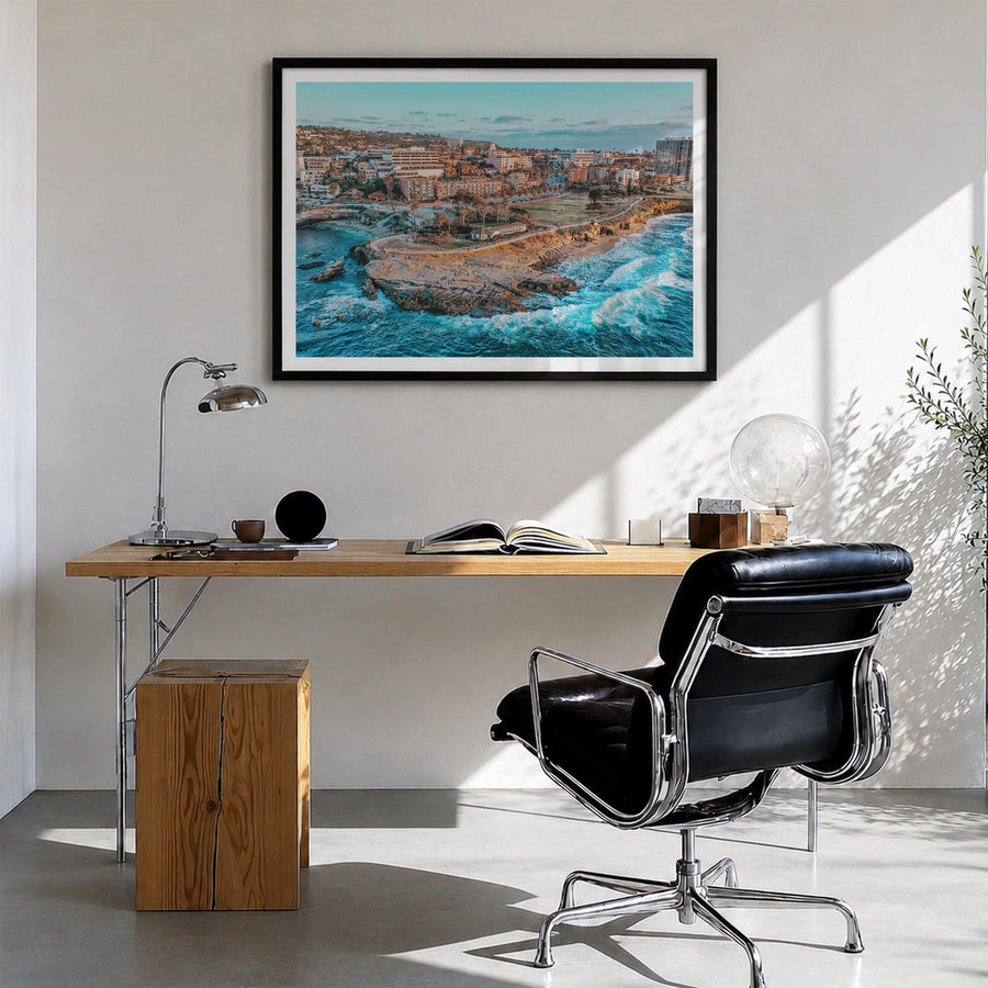 La Jolla colorful photo poster of San Diego, California – horizontal wall art in black wood frame with white border, hanging 