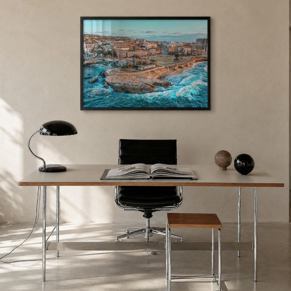 La Jolla colorful photo poster of San Diego, California – horizontal wall art in black wood frame, hanging on wall