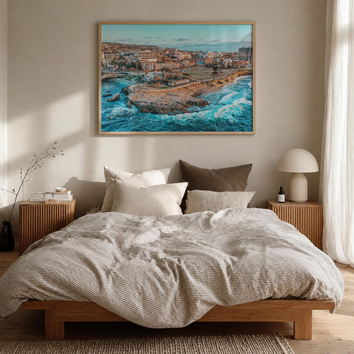 La Jolla colorful photo poster of San Diego, California – horizontal wall art in natural wood frame, hanging on wall