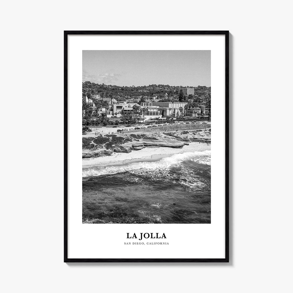 La Jolla no. 1 black & white classic poster of San Diego, California – vertical wall art, unframed print shown in interior mo