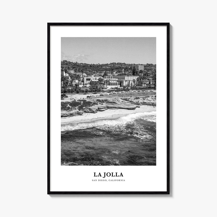 La Jolla no. 1 black & white classic poster of San Diego, California – vertical wall art, unframed print shown in interior mo