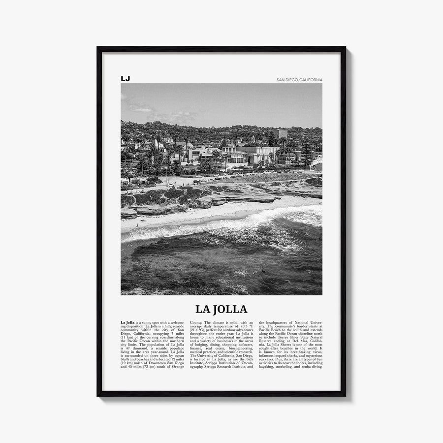 La Jolla no. 1 black & white newspaper poster of San Diego, California – vertical wall art, unframed print shown in interior 