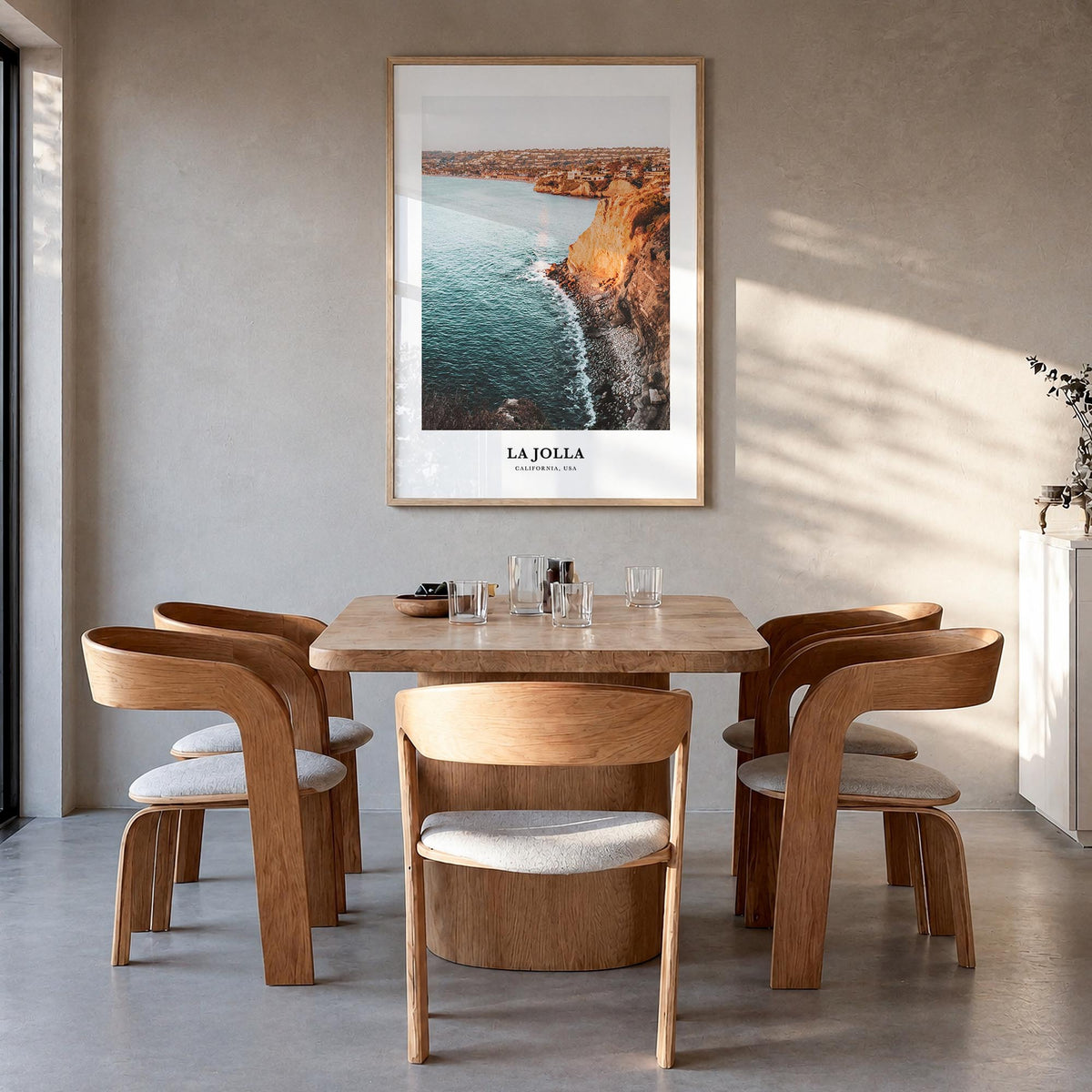 La Jolla no. 1 colorful classic poster of San Diego, California – vertical wall art in natural wood frame, hanging on wall