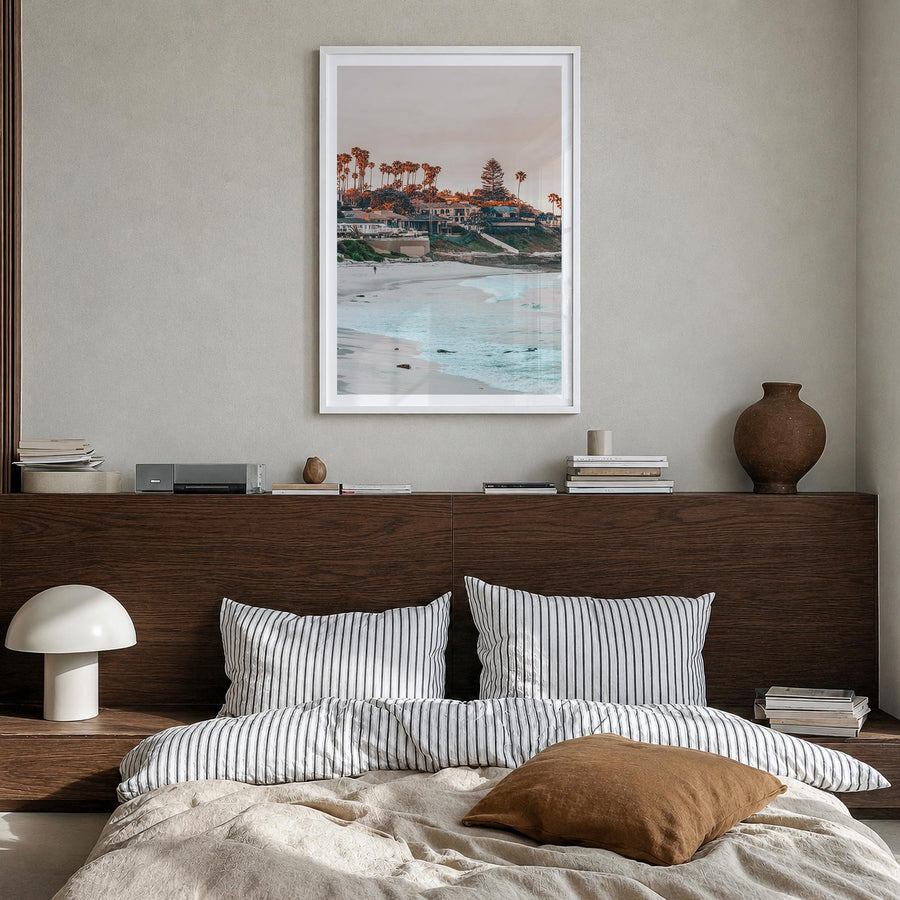 La Jolla no. 1 colorful photo poster of San Diego, California – vertical wall art in white wood frame with white border, hang