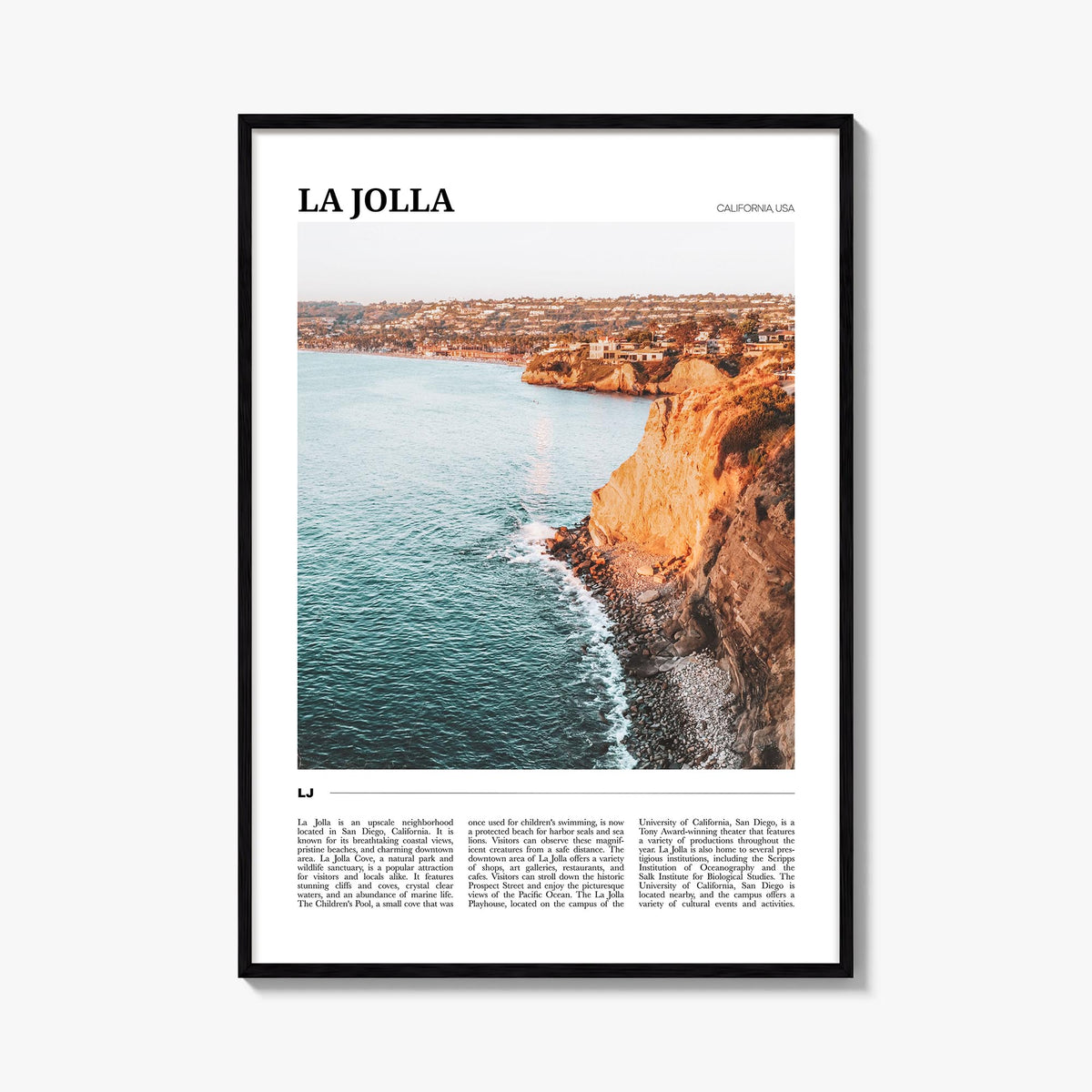 La Jolla no. 1 colorful travel poster of San Diego, California – vertical wall art, unframed print shown in interior mockup