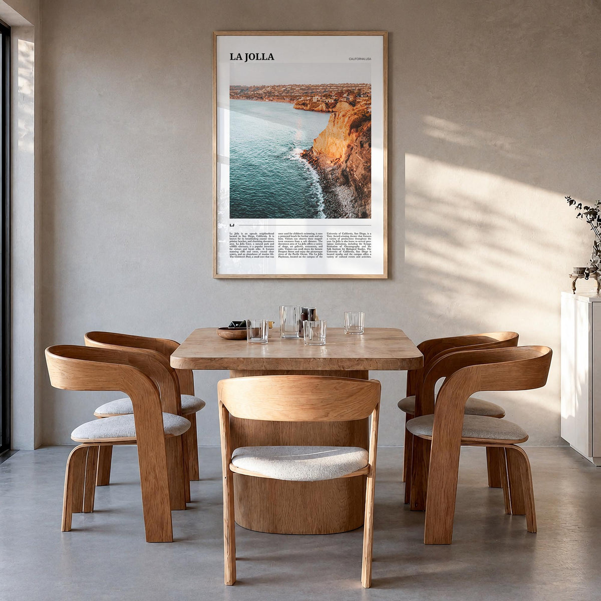 La Jolla no. 1 colorful travel poster of San Diego, California – vertical wall art in natural wood frame, hanging on wall