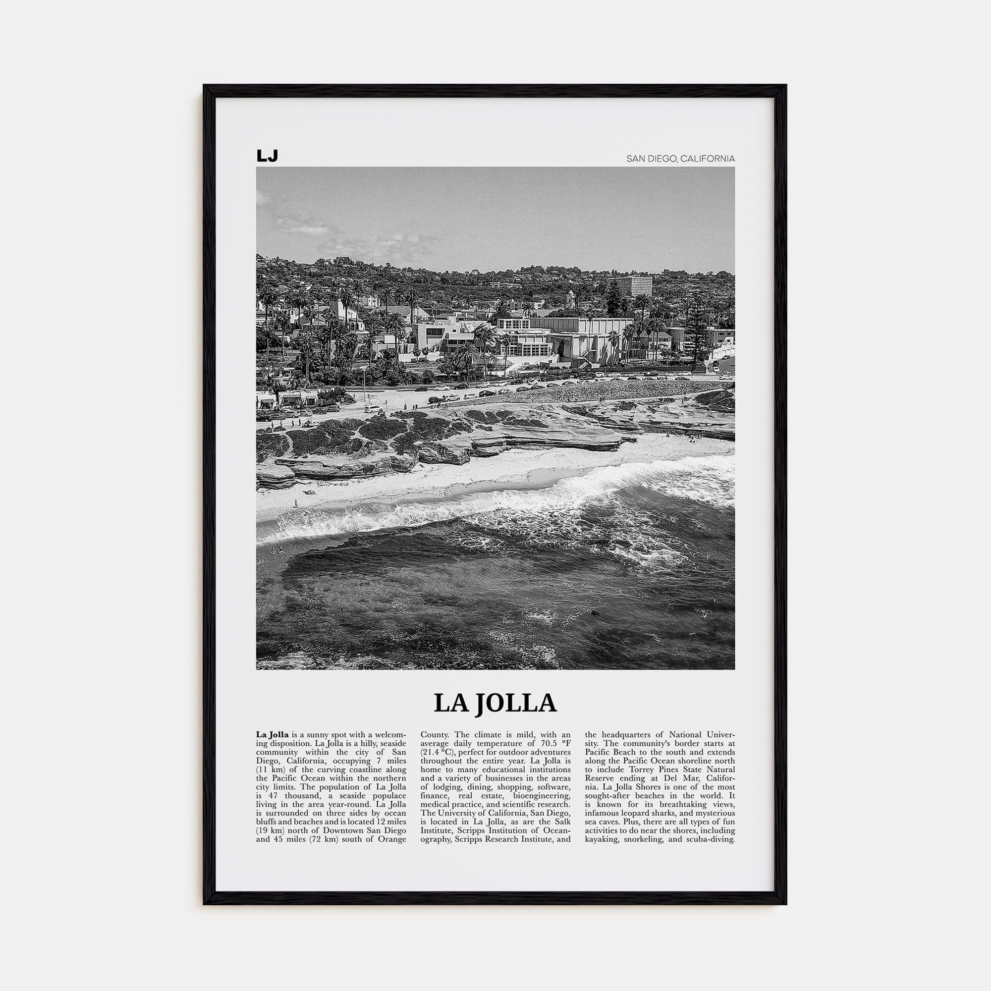 La Jolla No 1 Poster Black Wood / 8x12 in Nbourhood Travel B&W Poster