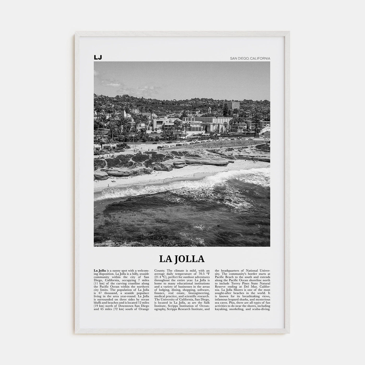 La Jolla No 1 Poster White Wood / 8x12 in Nbourhood Travel B&W Poster