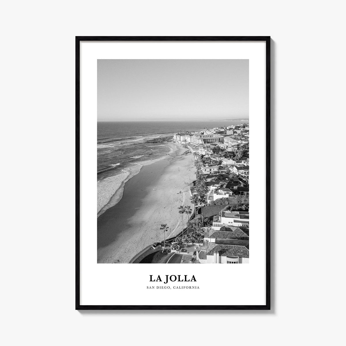La Jolla no. 2 black & white classic poster of San Diego, California – vertical wall art, unframed print shown in interior mo