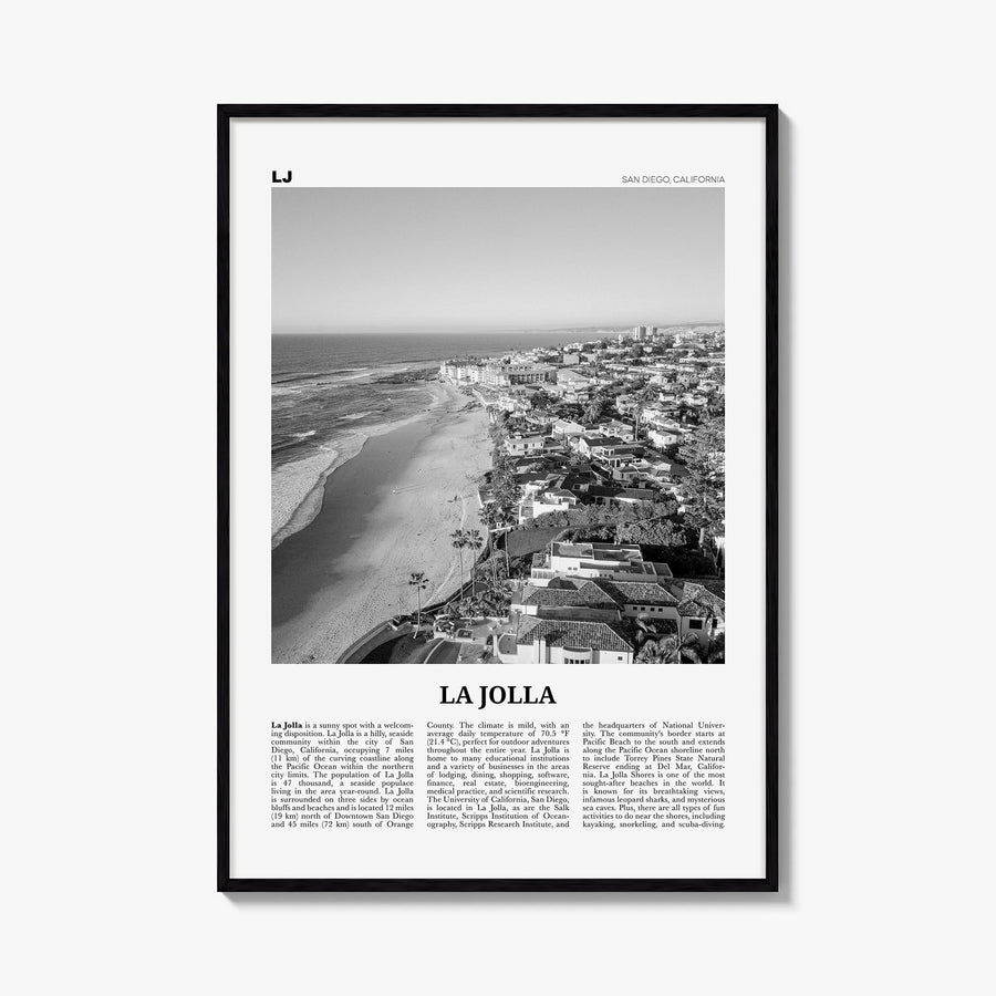 La Jolla no. 2 black & white newspaper poster of San Diego, California – vertical wall art, unframed print shown in interior 