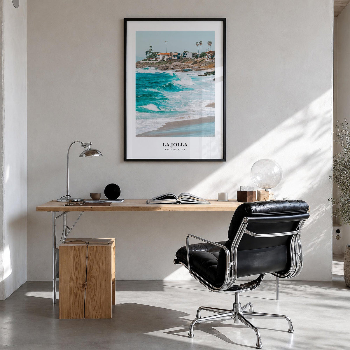 La Jolla no. 2 colorful classic poster of San Diego, California – vertical wall art in black wood frame, hanging on wall