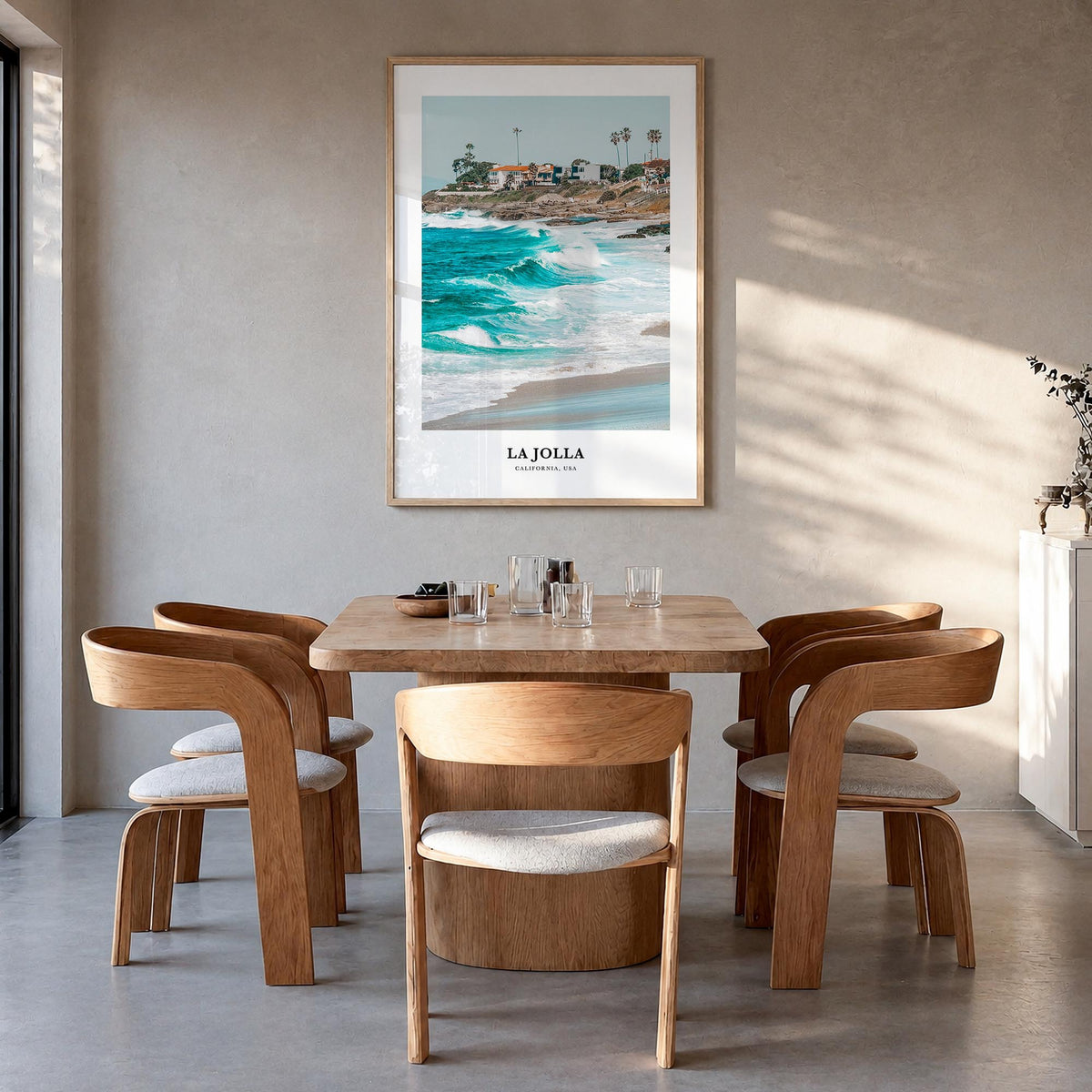 La Jolla no. 2 colorful classic poster of San Diego, California – vertical wall art in natural wood frame, hanging on wall
