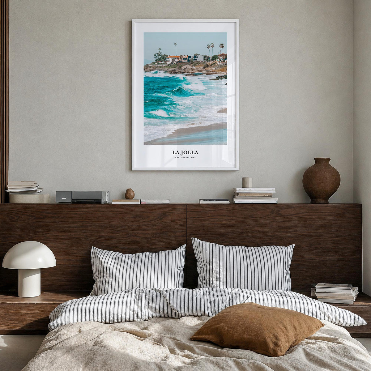 La Jolla no. 2 colorful classic poster of San Diego, California – vertical wall art in white wood frame, hanging on wall