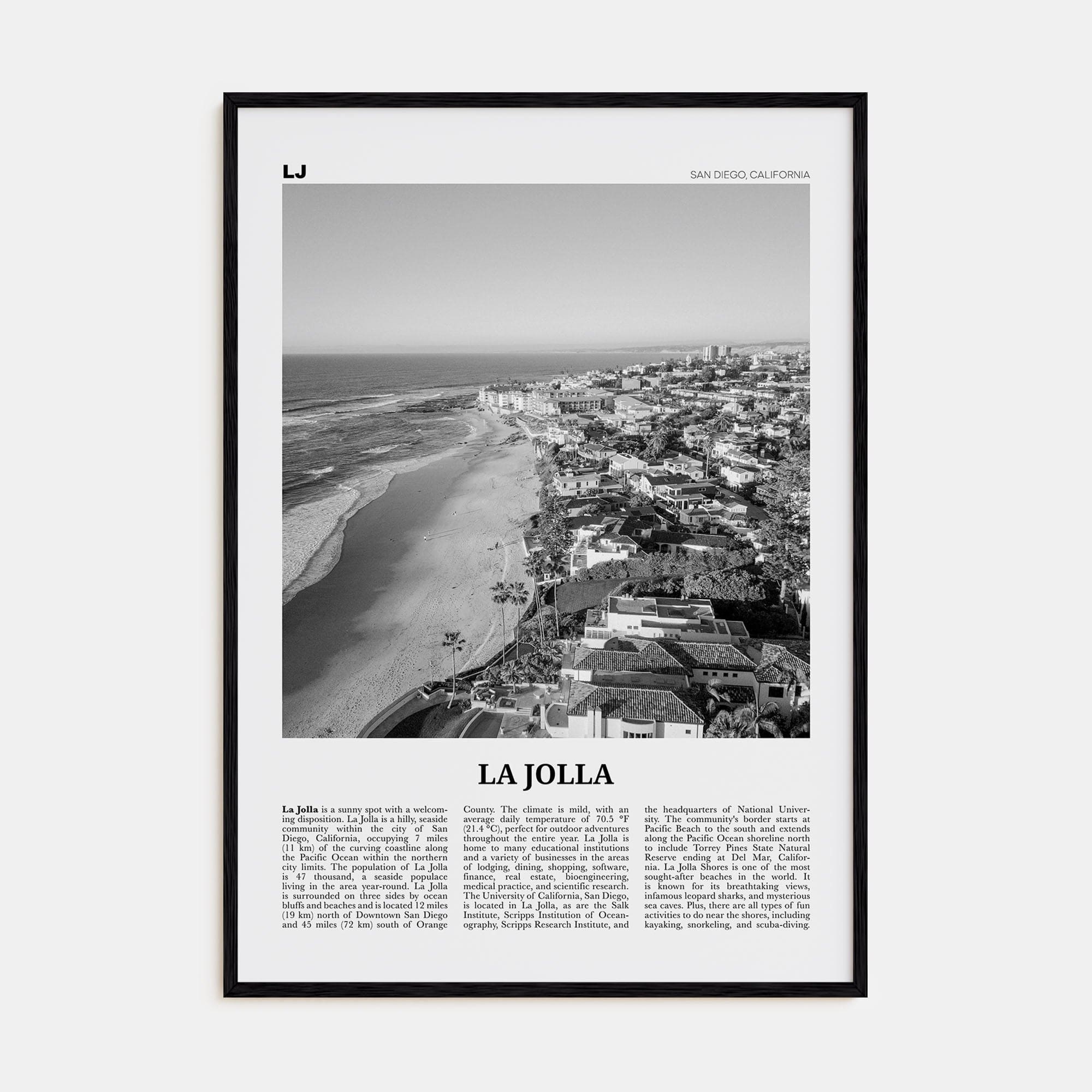 La Jolla No 2 Poster Black Wood / 8x12 in Nbourhood Travel B&W Poster