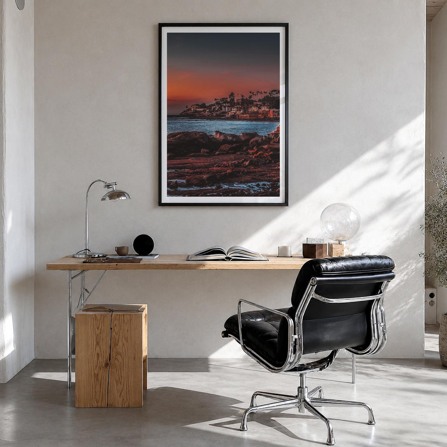 La Jolla no. 4 colorful photo poster of San Diego, California – vertical wall art in black wood frame with white border, hang
