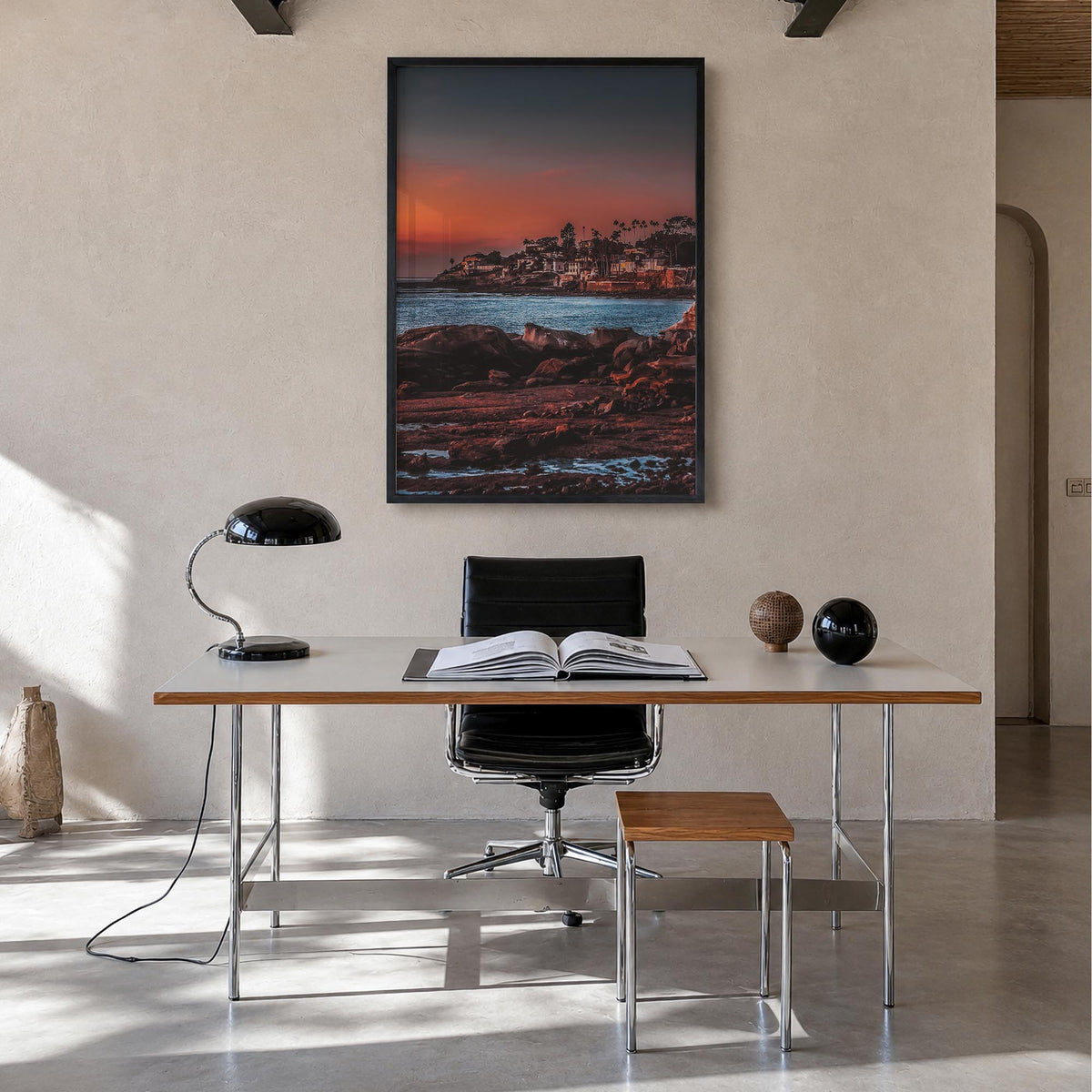 La Jolla no. 4 colorful photo poster of San Diego, California – vertical wall art in black wood frame, hanging on wall