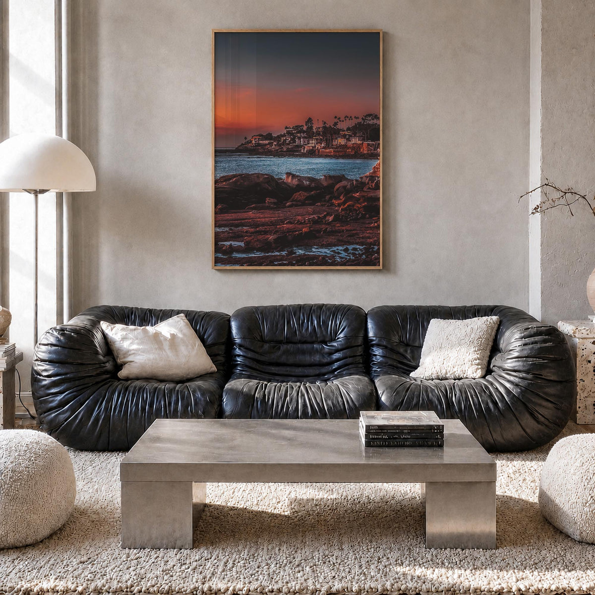 La Jolla no. 4 colorful photo poster of San Diego, California – vertical wall art in natural wood frame, hanging on wall