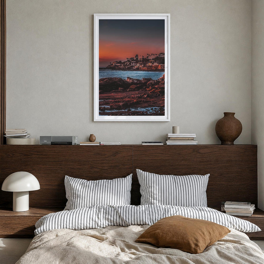La Jolla no. 4 colorful photo poster of San Diego, California – vertical wall art in white wood frame with white border, hang