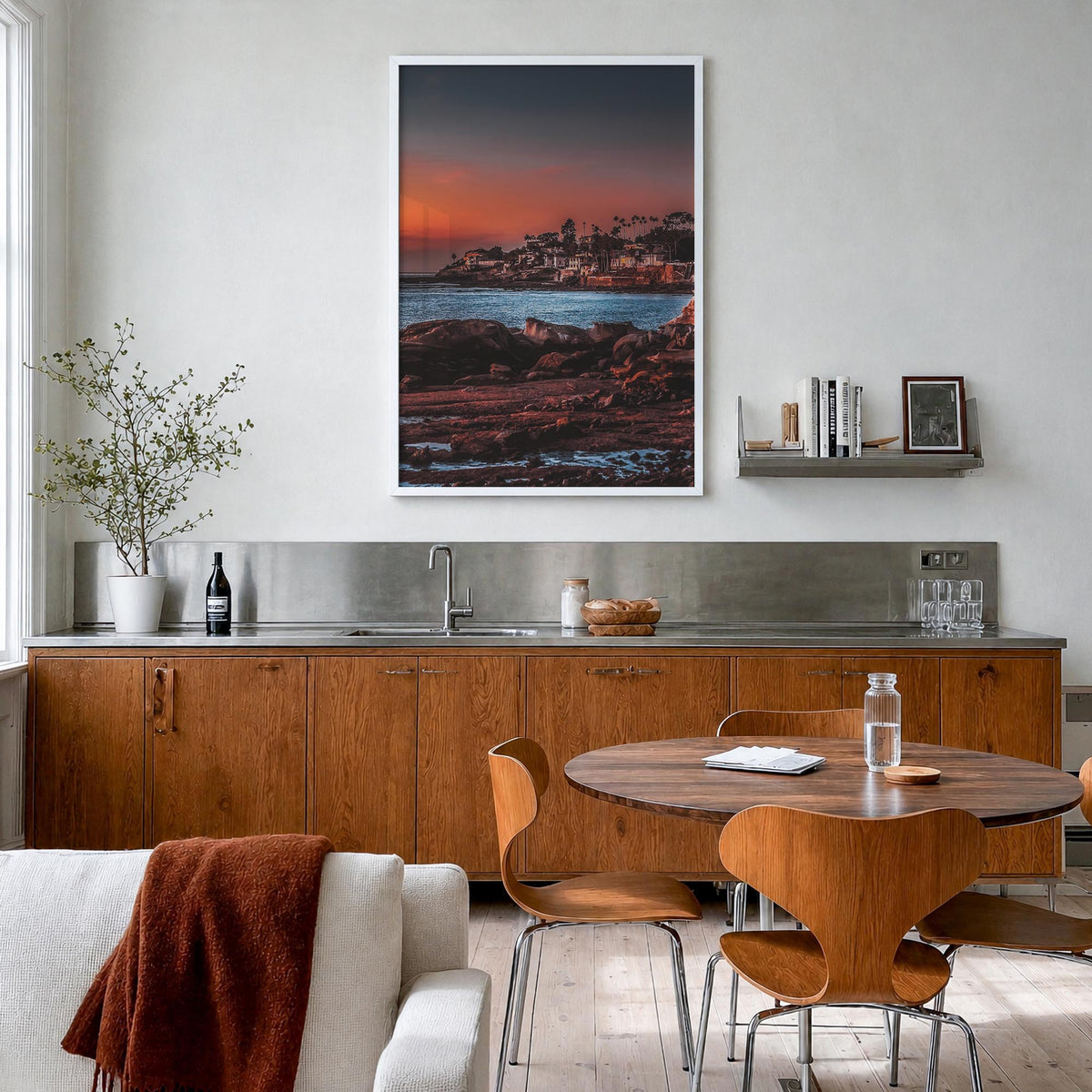 La Jolla no. 4 colorful photo poster of San Diego, California – vertical wall art in white wood frame, hanging on wall