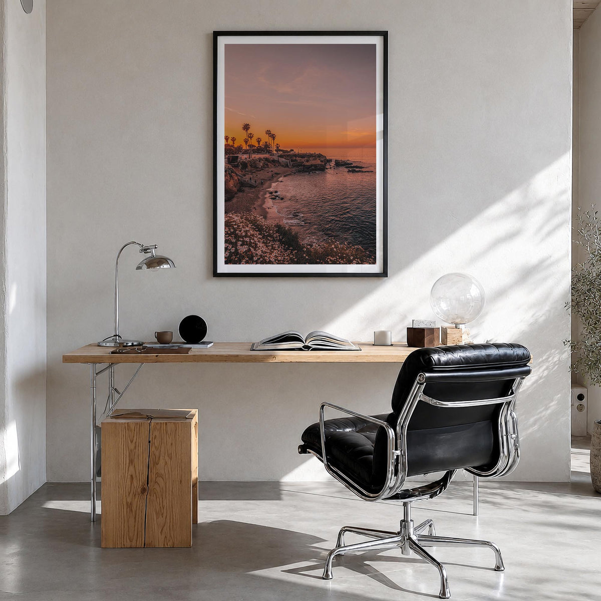 La Jolla no. 5 colorful photo poster of California, USA – vertical wall art in black wood frame with white border, hanging on