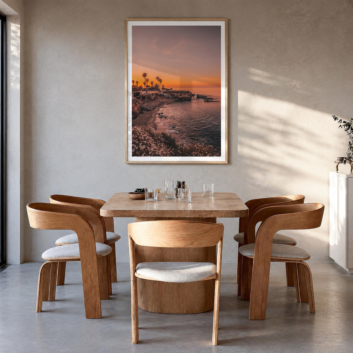 La Jolla no. 5 colorful photo poster of California, USA – vertical wall art in natural wood frame with white border, hanging 