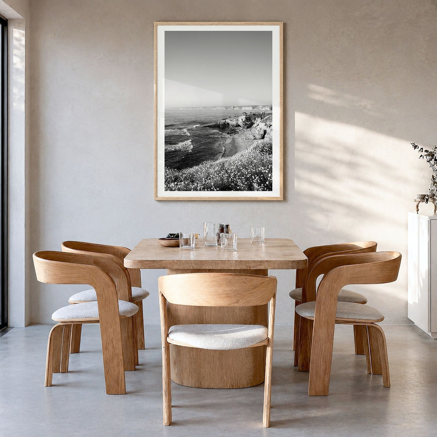 La Jolla Photo No 2 Poster in a natural wood frame, hanging in a dining room, white border