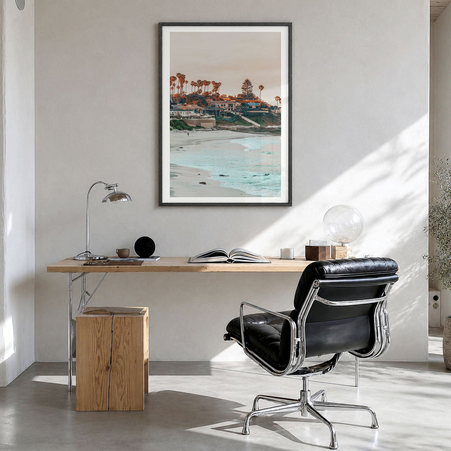 La Jolla Photo No 1 Poster in a black wood frame, hanging in a bright home office, white border